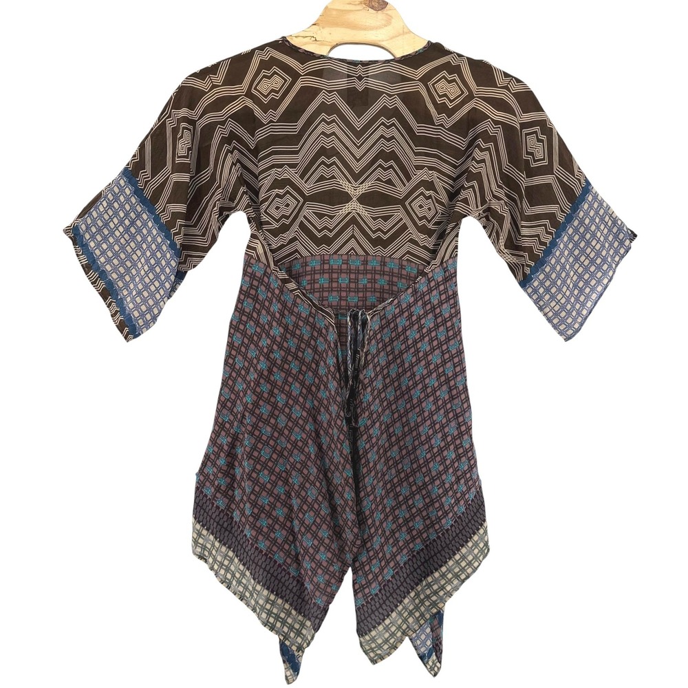 Johnny Was Women Small Multi Geometric Print Cupra Rayon Tie Back Tunic Top Boho - Picture 2 of 6